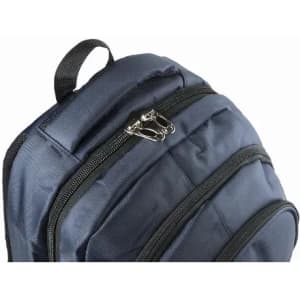 A backpack with multiple zippered compartments in navy blue, featuring a sturdy handle on top.