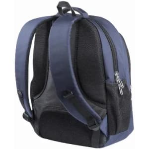 A backpack in navy blue and black, featuring padded straps and mesh panels for ventilation. It has zippered compartments.