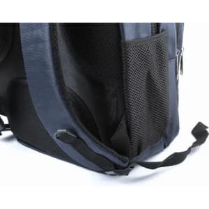 A dark blue backpack with a textured black mesh side pocket and adjustable straps. It features a zippered compartment.
