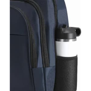 A dark blue backpack featuring a side pocket holding a stainless steel drink bottle. The pocket has a black sleeve.