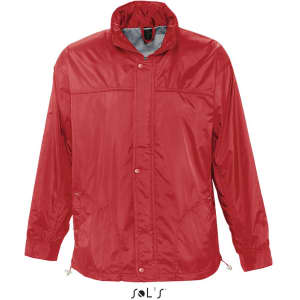 A red men's jacket with a hood, jersey lining, and water-repellent fabric, featuring a logo.
