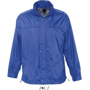 A blue men's jacket with a jersey lining, water-repellent material, and a hood. It features a logo.