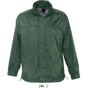 A men's jacket in dark green, featuring a jersey lining, water repellent material, and a hood. It has a logo.
