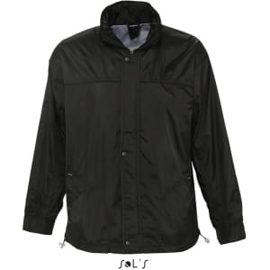 A men's water-repellent jacket in black, featuring a hood and zipped pockets, with a logo present.