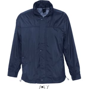 A navy men's jacket with a hood, water repellent finish, and jersey lining. It features a branding logo.