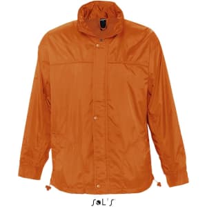 An orange men's jacket featuring a hood, jersey lining, and water-repellent material. It has a logo on it.