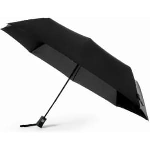 A black umbrella with a sleek design and a sturdy handle, featuring a branding logo on the base.