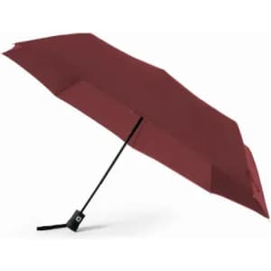 A burgundy umbrella with a black handle, featuring a sleek design and a simple mechanism.