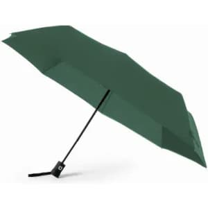 A green umbrella with a black handle, featuring a sleek design and an automatic open mechanism.