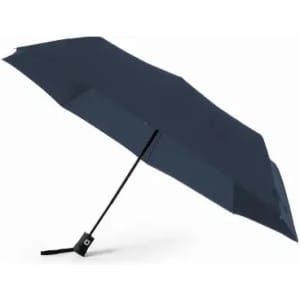 A navy umbrella with a sleek design and a black handle, featuring a single supporting pole.