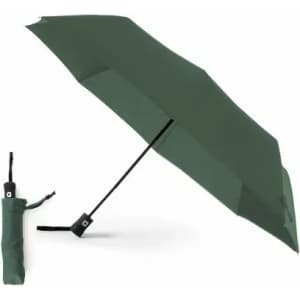 A green umbrella with a matching storage sleeve, opened to display its canopy. It features a simple design with a logo.