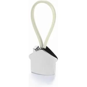 A silver house-shaped keyring with a white loop for attaching keys. It features a simple, sleek design.