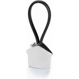 A metallic keyring shaped like a house with a black rubber loop.