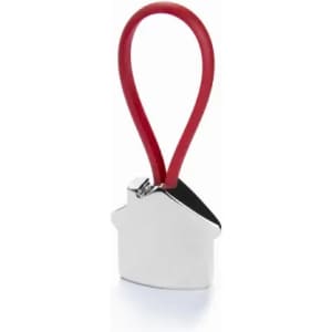 A silver house-shaped keyring with a red loop attachment. The keyring has a shiny finish and a minimalist design.