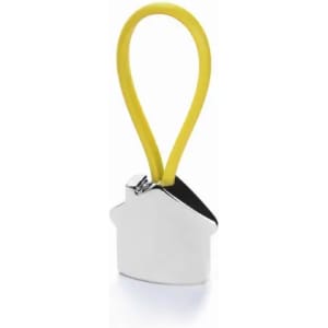A house-shaped keychain with a yellow loop and a shiny silver finish, featuring a small logo.