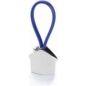 A silver house-shaped keyring with a blue rubber loop. The keyring features a smooth, polished finish.
