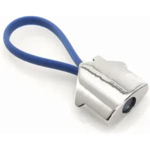 A metal and blue rubber loop connector, featuring a shiny silver finish. It has a rounded end and a small opening.
