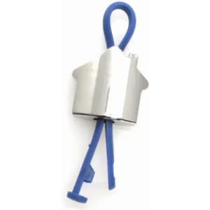 A silver metal clip with a blue silicone attachment, shaped like a house. It features a loop for easy handling.