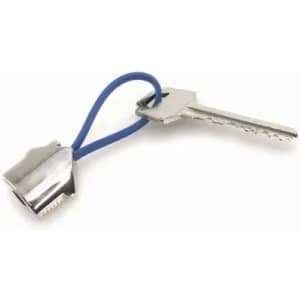 A metallic key attached to a blue rubber loop. The key features a standard design with grooves.