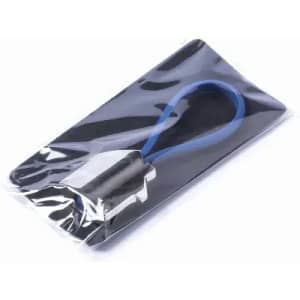 A promotional product featuring a blue loop and silver attachment, packaged in clear plastic.