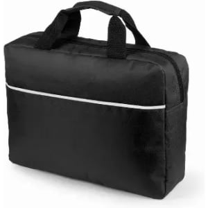 A black zippered bag with short handles and a front pocket, featuring a white stripe.