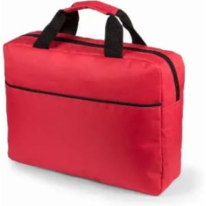 A red promotional bag with black handles and a zippered closure. It features a front pocket and a simple design.