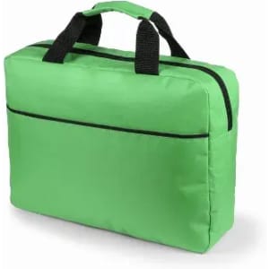 A green carry bag with black handles, featuring a zip closure and a front pocket.