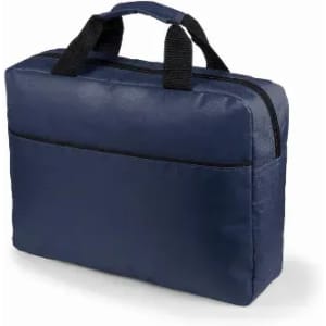 A navy blue bag with black handles and a zipper closure, featuring a front pocket. It has a simple design.
