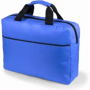 A blue promotional bag with black handles and a zip closure, featuring a front pocket.