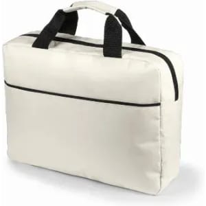 A cream-coloured bag with black handles and a zip closure, featuring a simple, minimalist design.