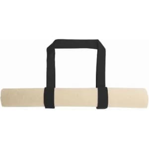 A rolled-up yoga mat with black straps for carrying. The mat appears to be a light cream colour.