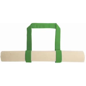 A roll-up storage bag with green straps, featuring a neutral-toned fabric body.