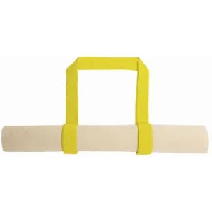 A rolled mat with a bright yellow carrying strap, designed for easy transport and storage.