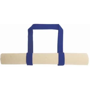 A rolled exercise mat with blue straps for carrying, featuring a light beige surface.