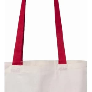 A tote bag with red handles and a white body, featuring a simple design.