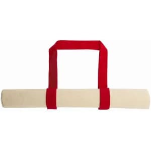 A rolled canvas with red straps for easy carrying. The fabric is in a natural beige colour.