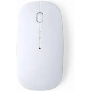 A white computer mouse with a minimalist design and a single click button. It features a smooth surface and simple shape.