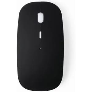 A black computer mouse with a sleek, minimalist design, featuring a scroll wheel and a logo on the surface.