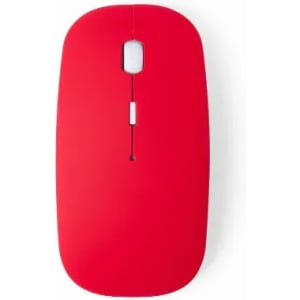 A red computer mouse with a smooth design, featuring a scroll wheel and a wireless connection. It has a logo on it.