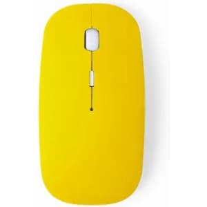A mouse in bright yellow with a sleek design and a scroll wheel, featuring a simple logo on its surface.