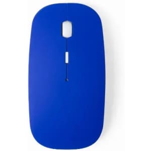 A blue computer mouse with a smooth surface and a central scroll wheel. It has a minimalist design.