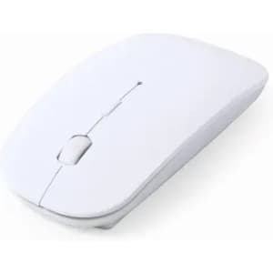 A computer mouse in white, featuring a simple design with buttons and a scroll wheel. It has a logo on the surface.