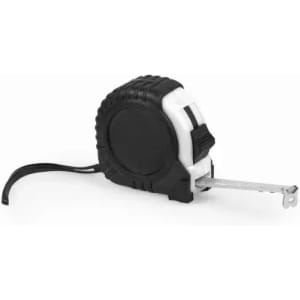 A tape measure in black and white with a retractable metal blade and a sturdy casing, featuring a logo.