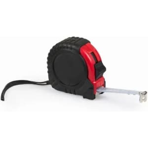 A measuring tape with a black and red casing, featuring a silver tape with measurement markings.