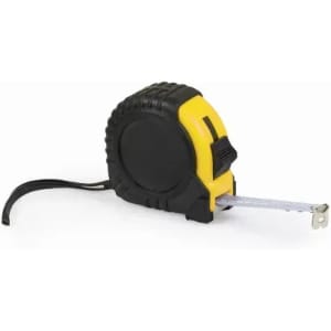 A black and yellow tape measure with a retractable metal tape. It features a branding logo on the casing.