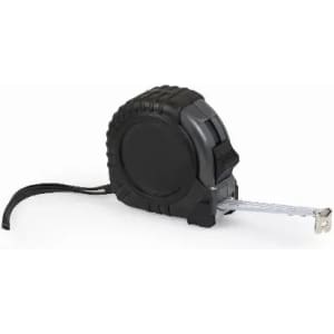 A black and grey tape measure with a retractable metal tape and a rubberised grip. It has a logo on the body.