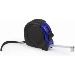 A tape measure featuring a black and blue casing with a flexible metallic measuring tape extended.