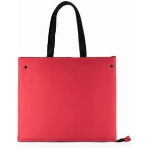 A red tote bag with black handles and a zip closure, featuring eyelets on the sides.