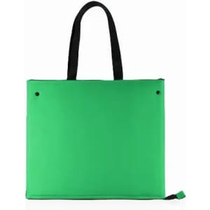 A green tote bag with black handles, featuring a simple, solid design and a zip closure.