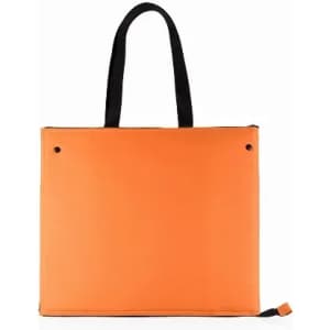 An orange tote bag with a black handle and a zip closure, featuring simple, clean lines.